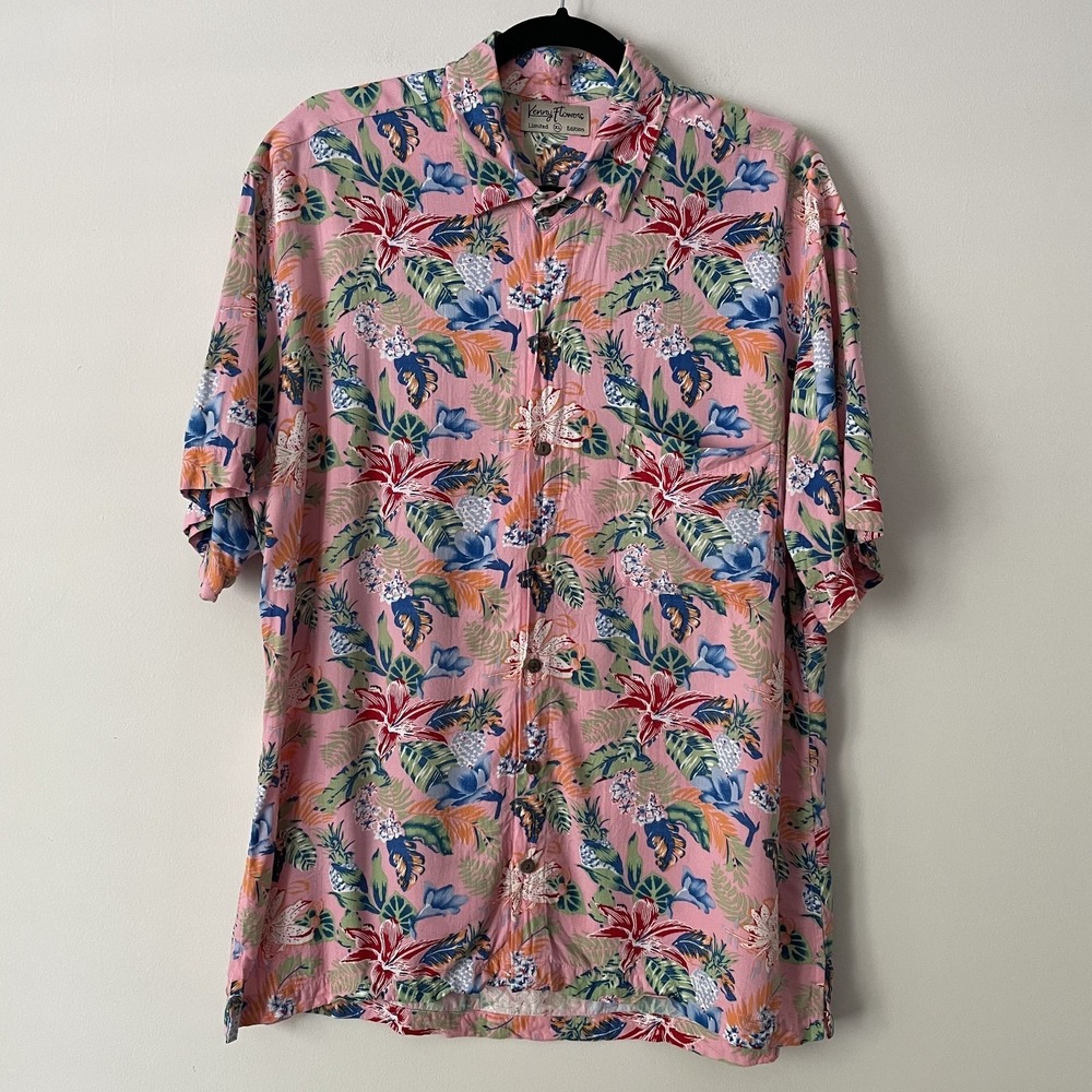 Kenny Flowers Mens Pink Floral Short Sleeve Shirt Size XL Resort Cruise Beachy